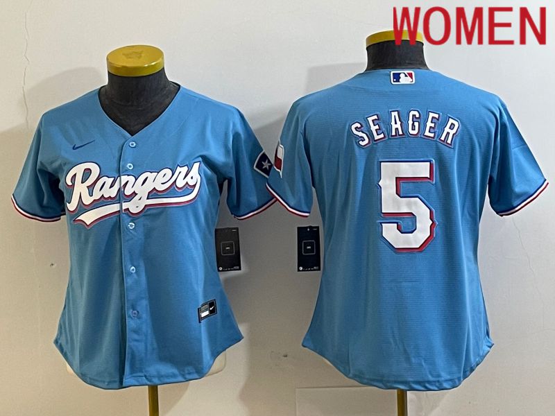 Women Texas Rangers 5 Seager Light Blue Game Nike 2023 MLB Jersey style 1